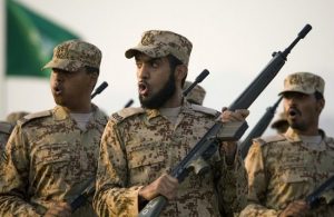 Saudi Arabian soldiers march during a demonstration of security arrangements for this year's Haj pilgrimage in the holy city of Mecca, in Jeddah November 22, 2009.    REUTERS/Caren Firouz  (SAUDI ARABIA MILITARY)